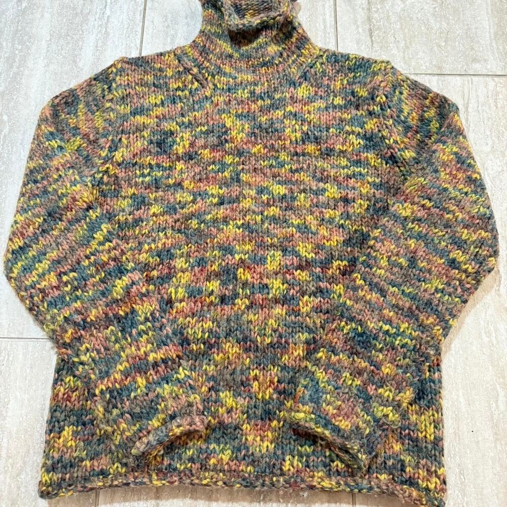 Vintage 90s Y2K Columbia Turtleneck Rainbow Knit Wool blend Sweater Chunky boho